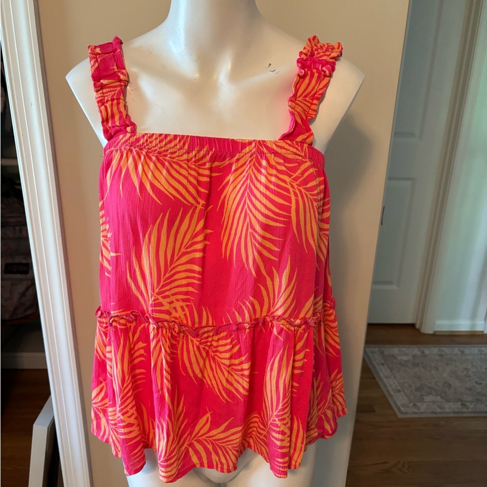 Women's Hot Pink & Orange Palm-Print Ruffled Tank Top